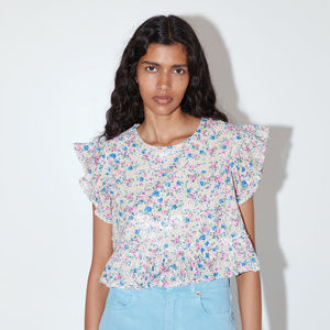 Zara Sequin Floral Ruffle Crop Top - M (NWT)
